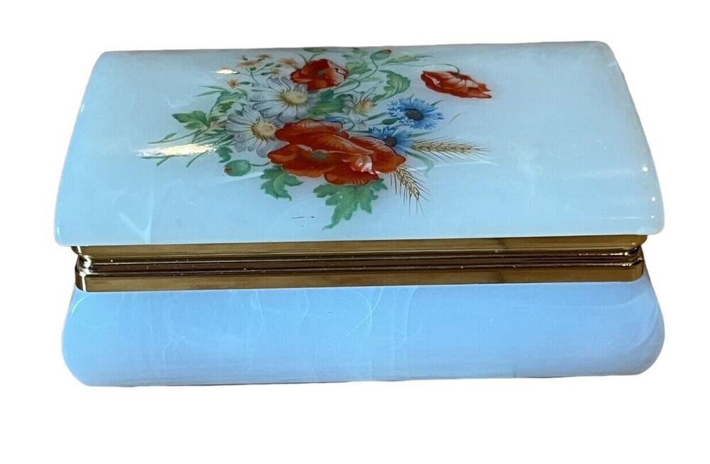 Vintage Italian Art Mark Lucite Trinket Box Celluloid Handpainted Flowers 4.5”